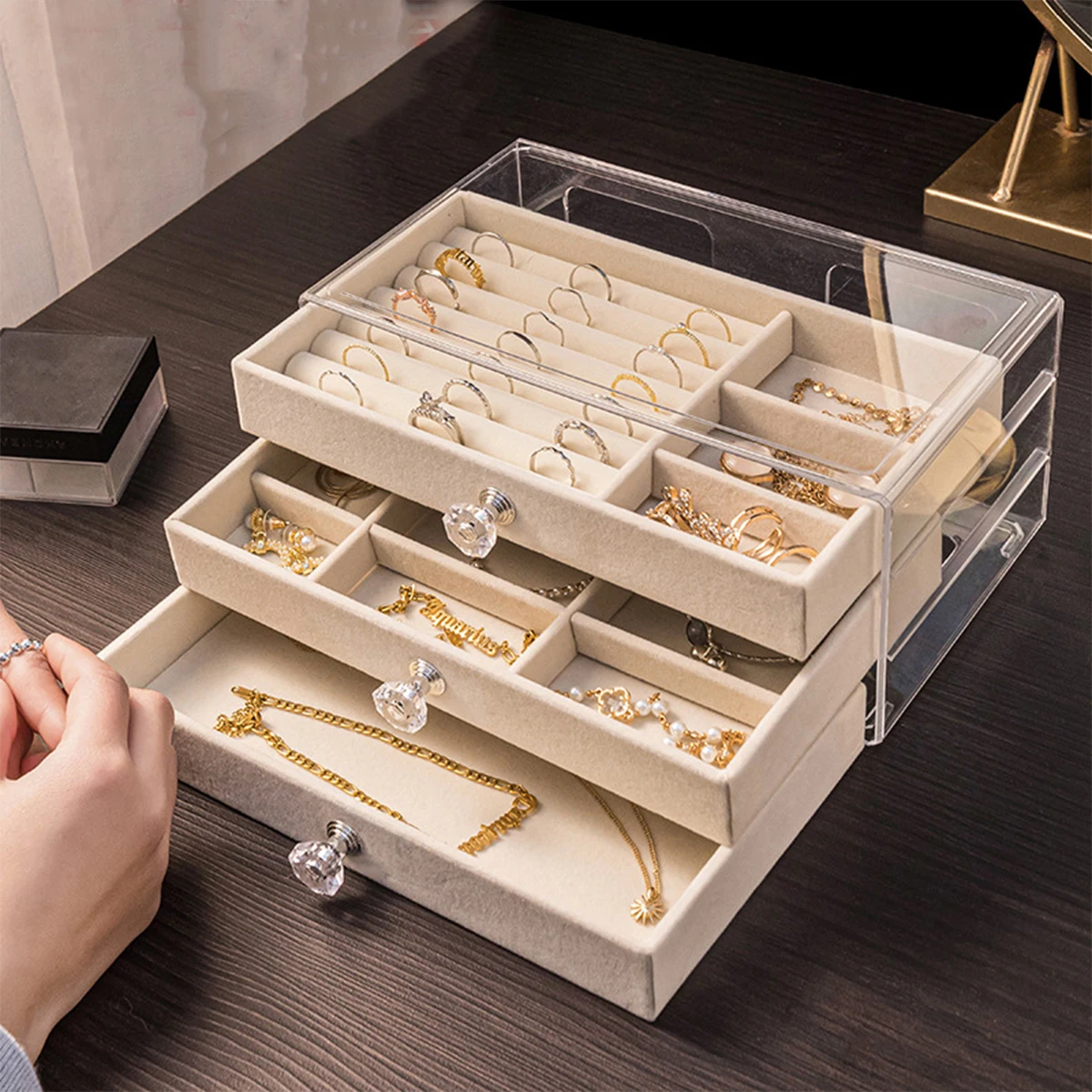 3 Drawer Acrylic Jewelry Organizer, Clear Velvet Lined Jewelry Storage Box for Rings, Earrings, Necklaces
3 Drawer Acrylic Jewelry Organizer, Clear Velvet Lined Jewelry Storage Box for Rings, Earrings, Necklaces