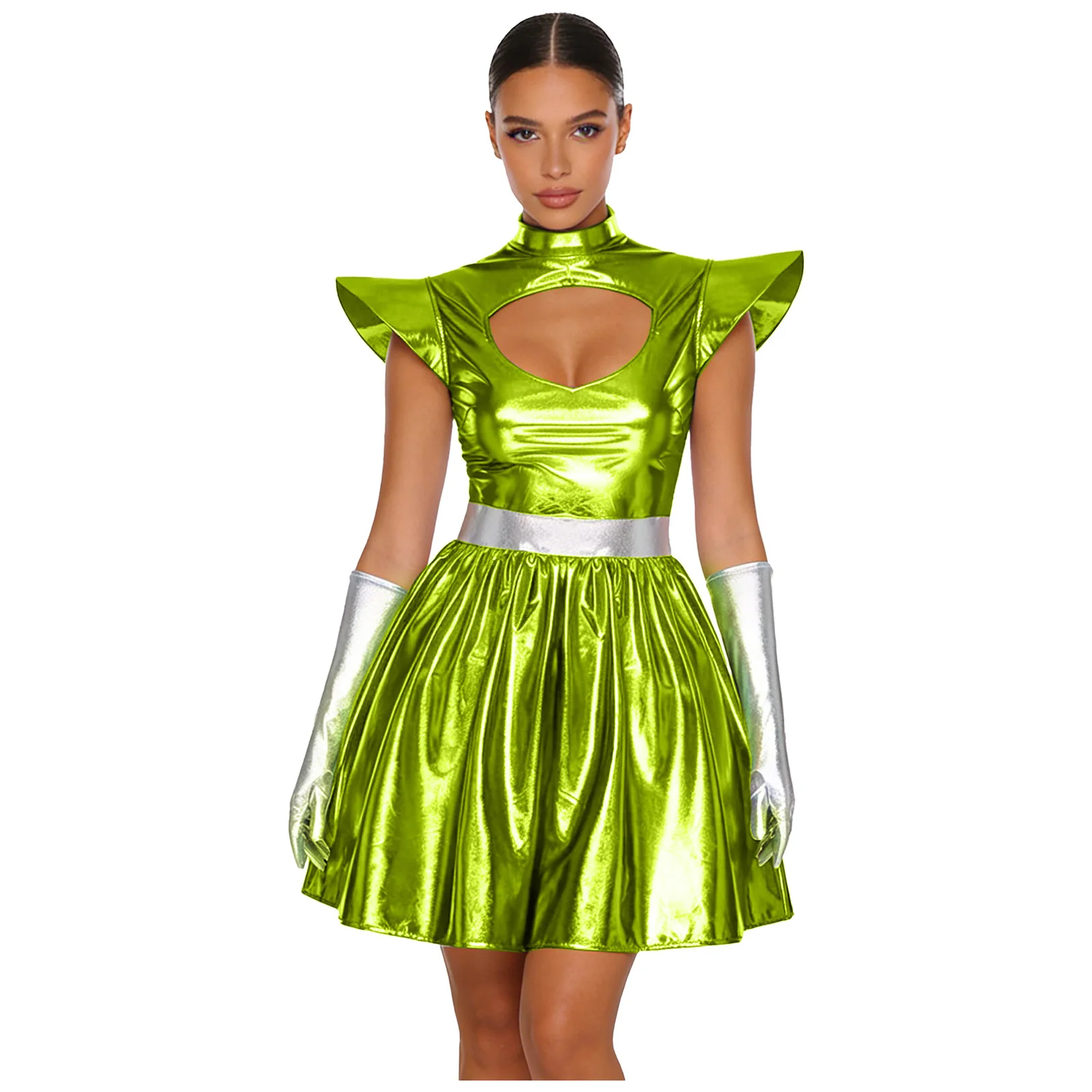 Women Galactic Astronaut Costume Metallic Shine Boards Cutout Neck A-line Dress with Gloves Explorer Alien Costume for Halloween
Women Galactic Astronaut Costume Metallic Shine Boards Cutout Neck A-line Dress with Gloves Explorer Alien Costume for Halloween