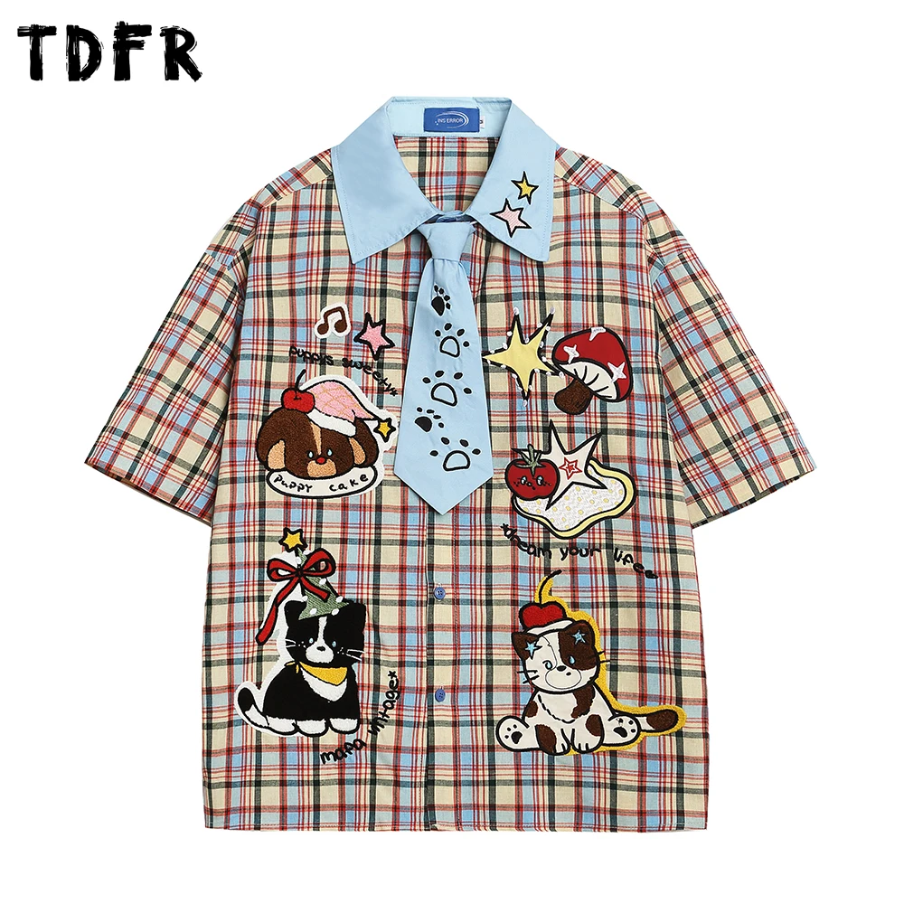 Cartoon Embroidery Short Sleeve Checked Shirt Mens Summer Retro Casual Spliced Lapel Single Breasted Half-Sleeve Plaid Shirts
Cartoon Embroidery Short Sleeve Checked Shirt Mens Summer Retro Casual Spliced Lapel Single Breasted Half-Sleeve Plaid Shirts