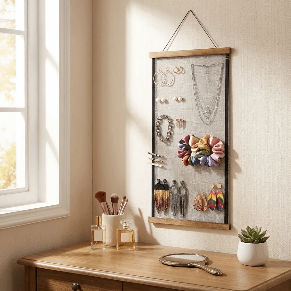 Wood Frame Jewelry Hanging Storage Rack Large Capacity Save Space Hanging Earring Display Rack Mesh Grid Wall Jewelry Organizer