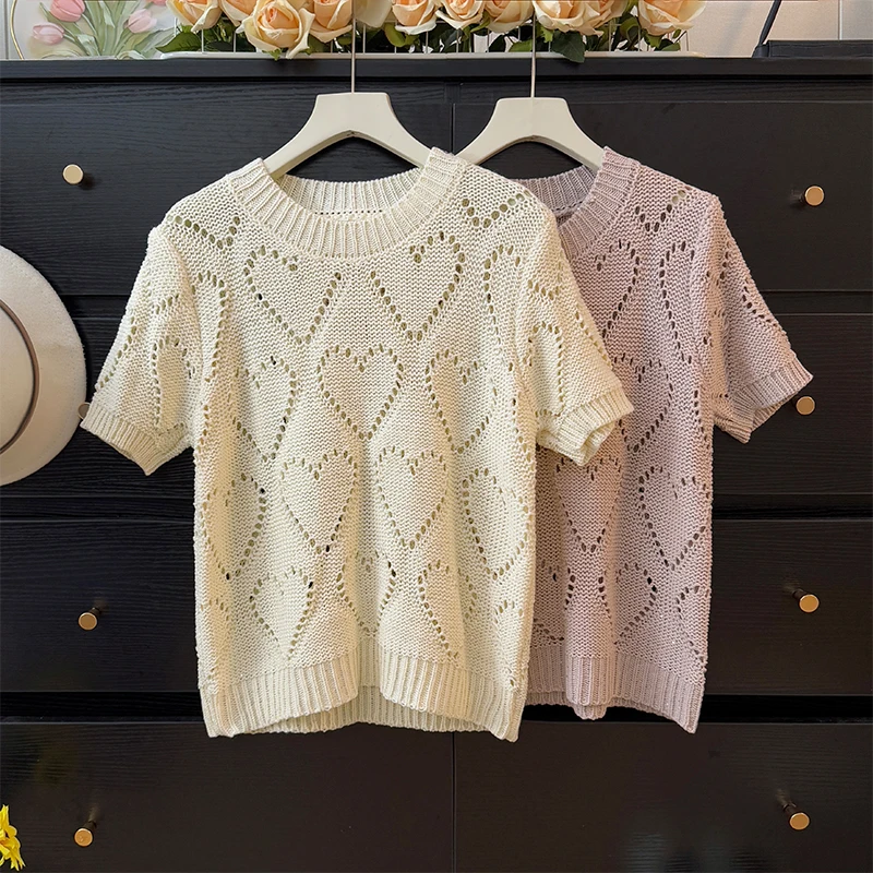 Sweet Hollow Out O-neck Design Chic Sweat-heart Knitted Short Sleeve T-shirts Women Spring Summer Loose Knitwear Pullover Tops
Sweet Hollow Out O-neck Design Chic Sweat-heart Knitted Short Sleeve T-shirts Women Spring Summer Loose Knitwear Pullover Tops