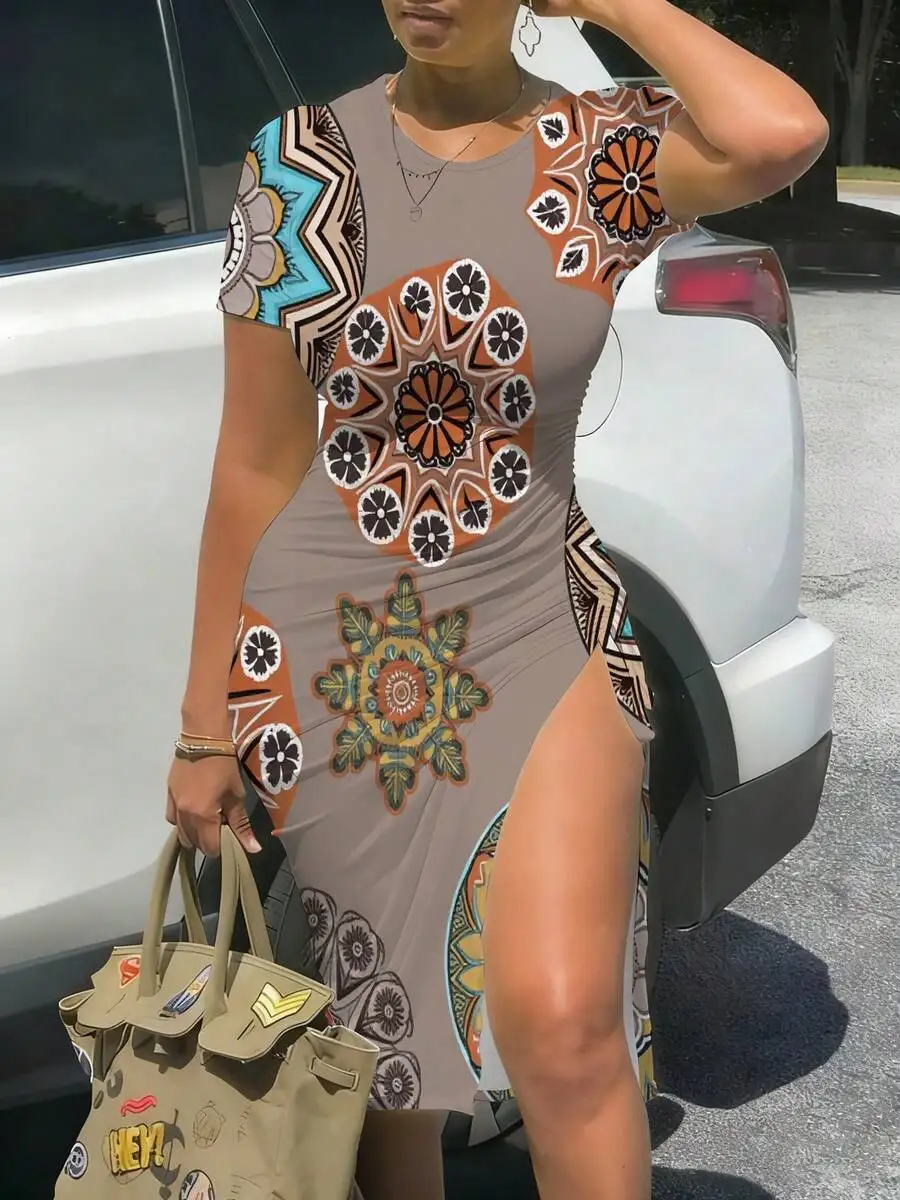 Womens Midi Dress With Slit And Pleats Geometric Floral Mandala Print Short Sleeve Fitted Knit Dress
Womens Midi Dress With Slit And Pleats Geometric Floral Mandala Print Short Sleeve Fitted Knit Dress