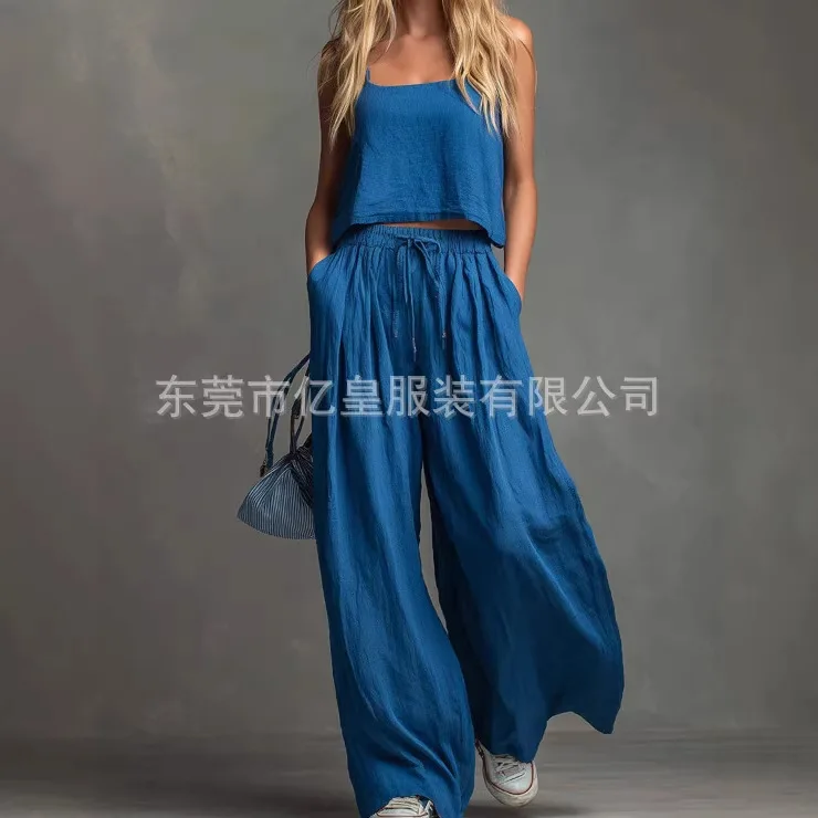 Square Neck Sleeveless Suspender Short Top High Waist Drawstring Wide Leg Trousers two-piece Set Women's Solid Color Casual Suit
Square Neck Sleeveless Suspender Short Top High Waist Drawstring Wide Leg Trousers two-piece Set Women's Solid Color Casual Suit