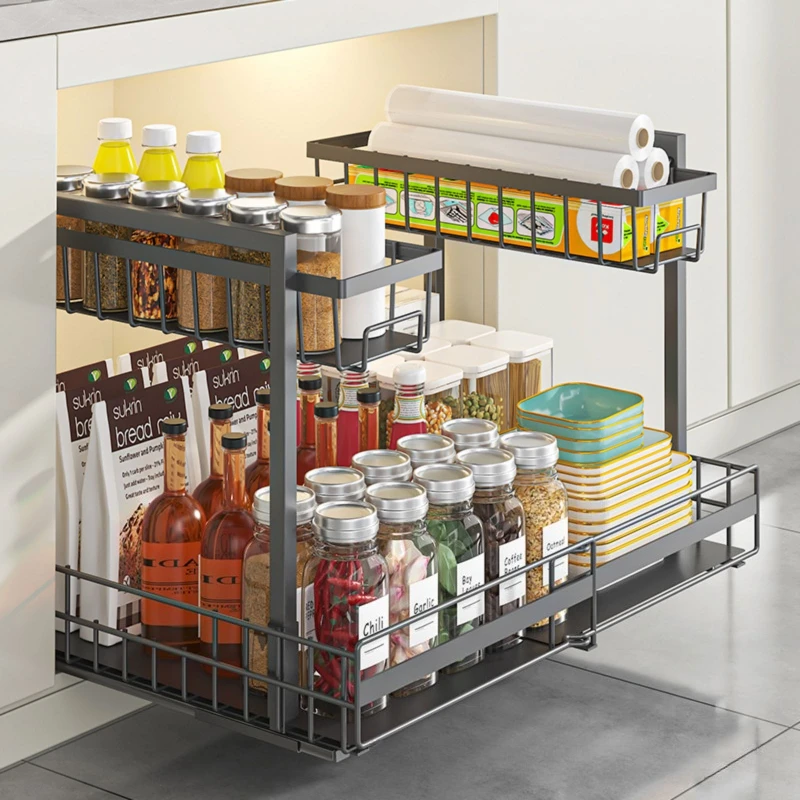 Retractable kitchen sink rack double-layer cabinet seasoning basket multi-functional storage rack under the sink
Retractable kitchen sink rack double-layer cabinet seasoning basket multi-functional storage rack under the sink
