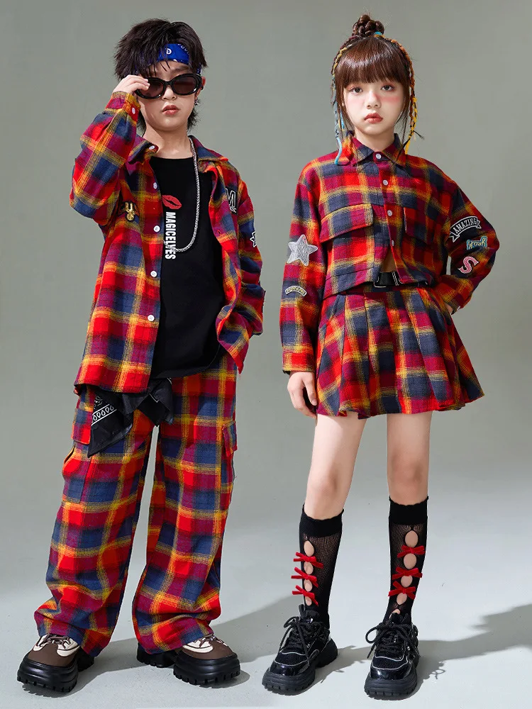 Boys Hip Hop Costume Plaid Shirt Cargo Pants Girls Street Dance Retro Jacket Skirts Kids Jazz Streetwear Clothes Sets
Boys Hip Hop Costume Plaid Shirt Cargo Pants Girls Street Dance Retro Jacket Skirts Kids Jazz Streetwear Clothes Sets