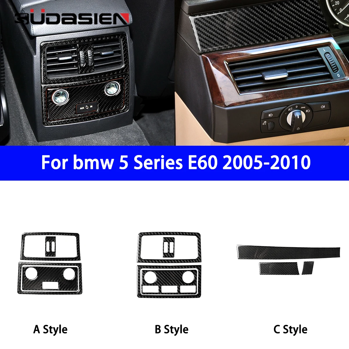 For BMW 5 Series E60 2005-2010 Models, Carbon Fiber Modification for Rear Air Outlet and Instrument Panel Decorative Stickers.
For BMW 5 Series E60 2005-2010 Models, Carbon Fiber Modification for Rear Air Outlet and Instrument Panel Decorative Stickers.