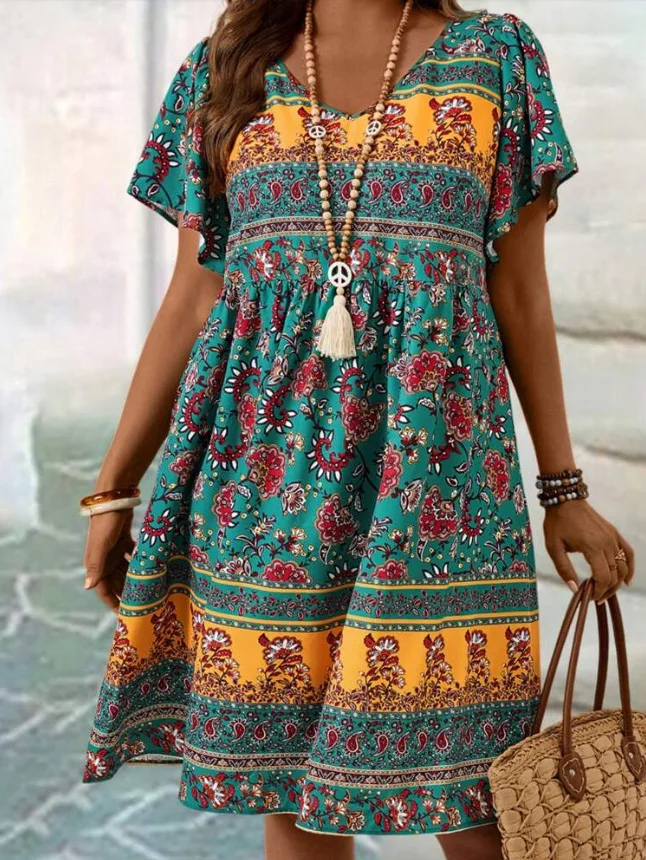 Women's Loose Dress V-neck Short-sleeved Ethnic Printed Casual Fashion Summer Street Vacation Midi Skirt for Female
Women's Loose Dress V-neck Short-sleeved Ethnic Printed Casual Fashion Summer Street Vacation Midi Skirt for Female