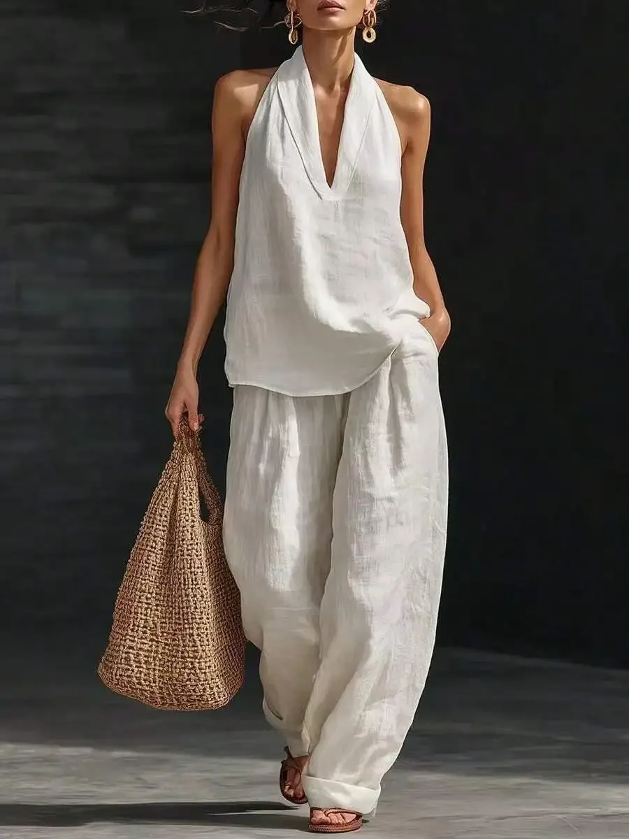 Women White Linen Blend Halter V-Neck Top And Wide Leg Pants Casual Vacation Co-Ord Set
Women White Linen Blend Halter V-Neck Top And Wide Leg Pants Casual Vacation Co-Ord Set