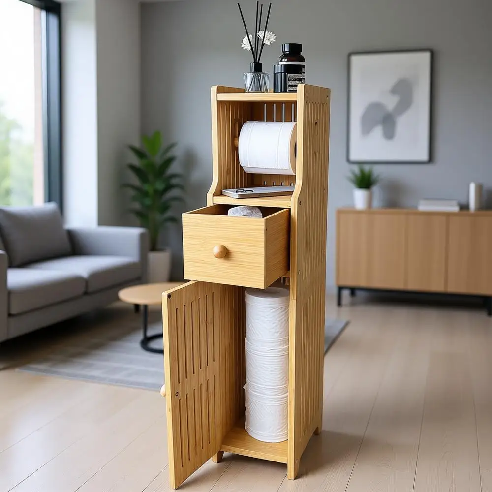 Узкая бамбуковая подставка для туалетной бумаги с полкой для хранения и держателем для салфеток для небольших ванных комнат (натуральный)
Узкая бамбуковая подставка для туалетной бумаги с полкой для хранения и держателем для салфеток для небольших ванных комнат (натуральный)