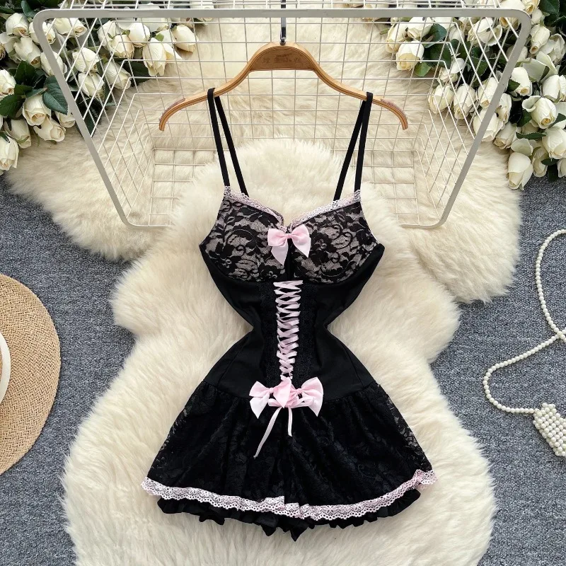 Bow Straps Pajamas Dress Female Sleepwear Sheath Lace Splice A Line Night Dress Women Sexy Porno Nightwear Short Dress
Bow Straps Pajamas Dress Female Sleepwear Sheath Lace Splice A Line Night Dress Women Sexy Porno Nightwear Short Dress