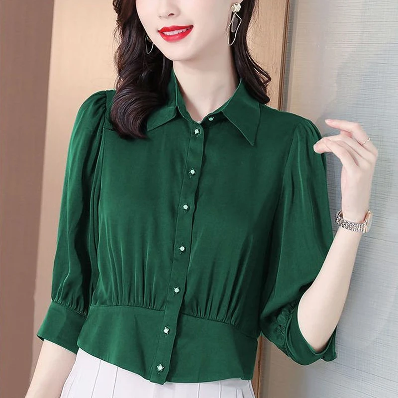 Summer New Polo Neck Plus Size Office Blouse 3/4 Sleeve Solid Slim Pleated Temperament Shirt Tops Elegant Fashion Women Clothing
Summer New Polo Neck Plus Size Office Blouse 3/4 Sleeve Solid Slim Pleated Temperament Shirt Tops Elegant Fashion Women Clothing