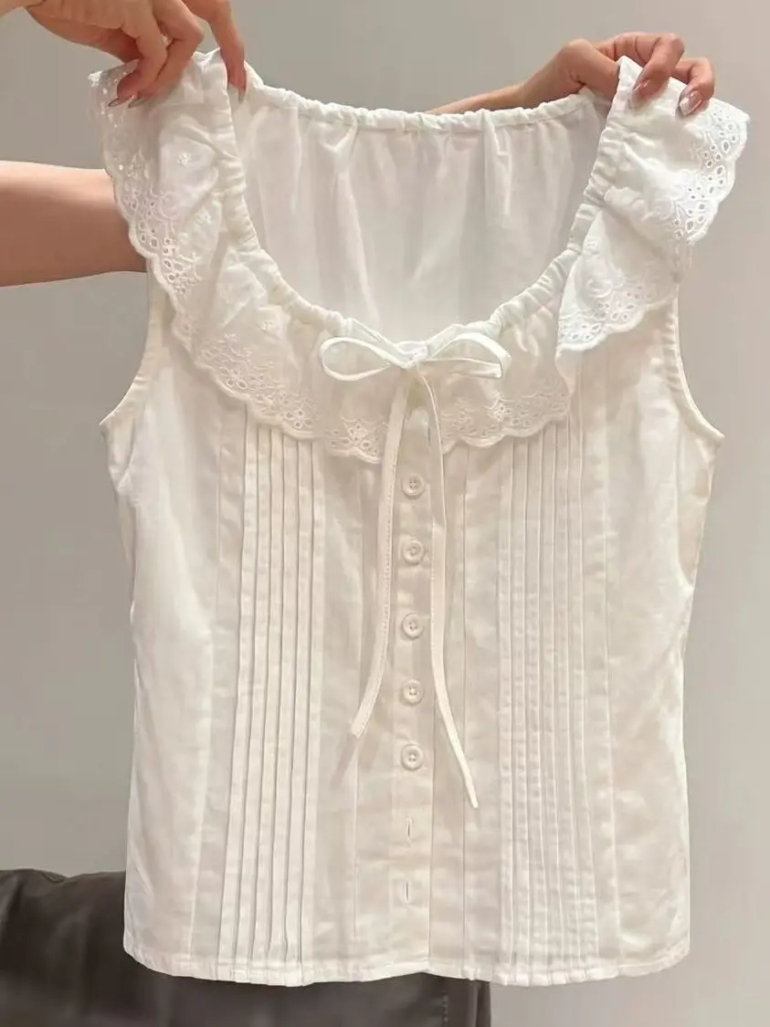 Korean Style Ruffle Sleeveless Shirt Women's Sweet Summer White Lace Splicing Doll Collar Loose Slimming Versatile Top
Korean Style Ruffle Sleeveless Shirt Women's Sweet Summer White Lace Splicing Doll Collar Loose Slimming Versatile Top
