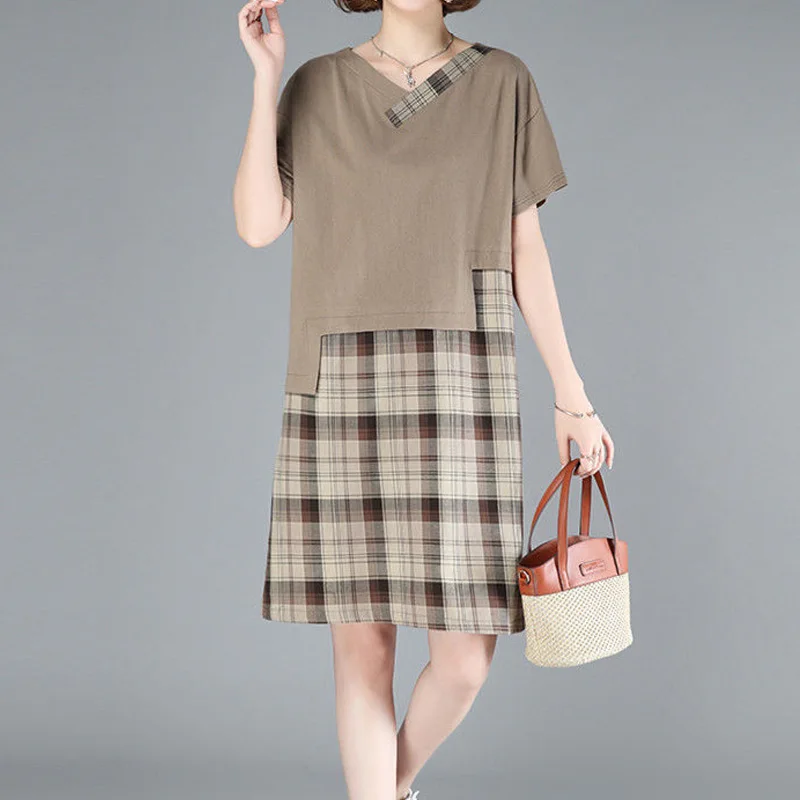 Korean Summer Patchwork Pullovers Ladies Irregular Plaid A-line Skirt Office Lady Short Sleeve Women's Clothing Solid Dresses
Korean Summer Patchwork Pullovers Ladies Irregular Plaid A-line Skirt Office Lady Short Sleeve Women's Clothing Solid Dresses