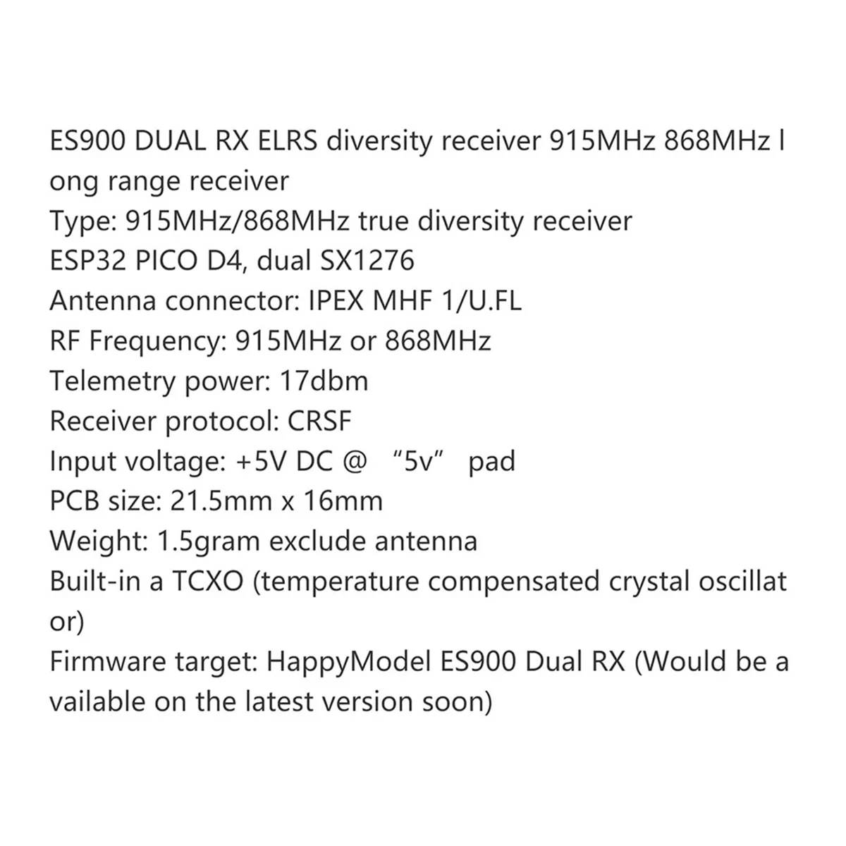 ES900 DUAL RX ELRS Diversity Receiver 915 МГц Встроенный TCXO для FPV Long Range Drone RC Самолет
ES900 DUAL RX ELRS Diversity Receiver 915 МГц Встроенный TCXO для FPV Long Range Drone RC Самолет