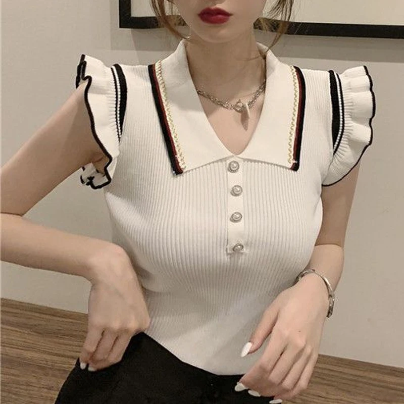 Women's Summer Polo Neck Knitting Sleeveless Sweet Pullovers Top Contrast Patchwork Slim Fashion T Shirts Casual Korean Clothing
Women's Summer Polo Neck Knitting Sleeveless Sweet Pullovers Top Contrast Patchwork Slim Fashion T Shirts Casual Korean Clothing