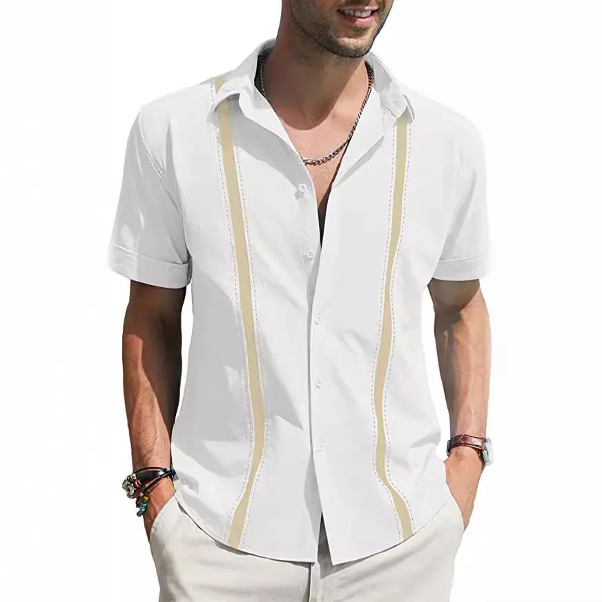 Men's summer casual short sleeved lapel shirt street wear breathable patchwork striped linen fashionable business retro shirt
Men's summer casual short sleeved lapel shirt street wear breathable patchwork striped linen fashionable business retro shirt