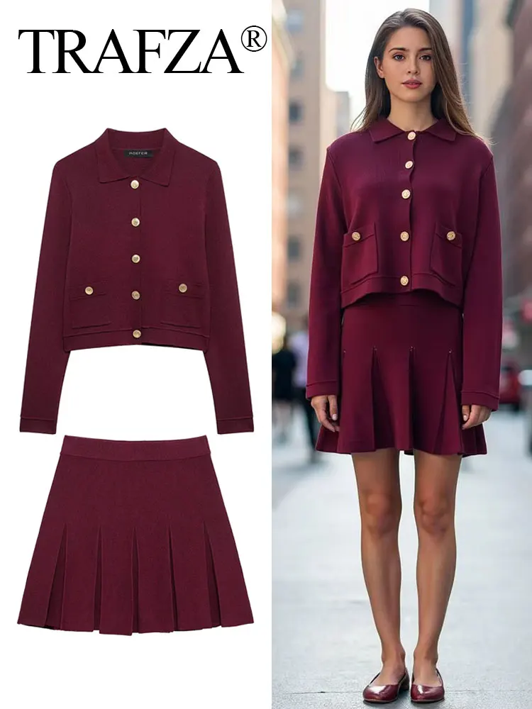 TRAFZA Women Vintage Wine Red Knitted Skirt Sets Lapel Long Sleeve Cardigan Coat Elastic Waist Mini Skirts Office Lady Outfit
TRAFZA Women Vintage Wine Red Knitted Skirt Sets Lapel Long Sleeve Cardigan Coat Elastic Waist Mini Skirts Office Lady Outfit