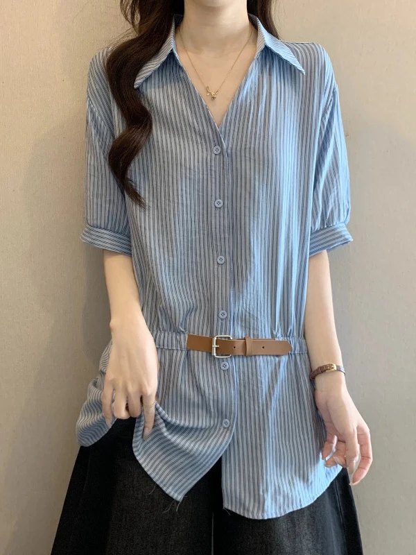 Light Blue Striped V-Neck Shoulder Shirt Women's plus Size Mid-Length Waist-Cinching Top Korean Style Commute Fashion
Light Blue Striped V-Neck Shoulder Shirt Women's plus Size Mid-Length Waist-Cinching Top Korean Style Commute Fashion