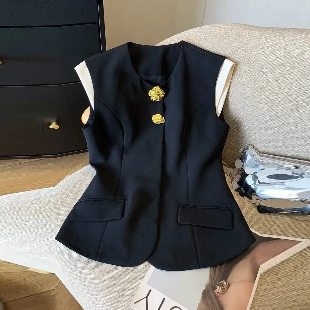 2025 new French vest suit fabric this year popular sleeveless slim vest slim top women colete feminino
2025 new French vest suit fabric this year popular sleeveless slim vest slim top women colete feminino
