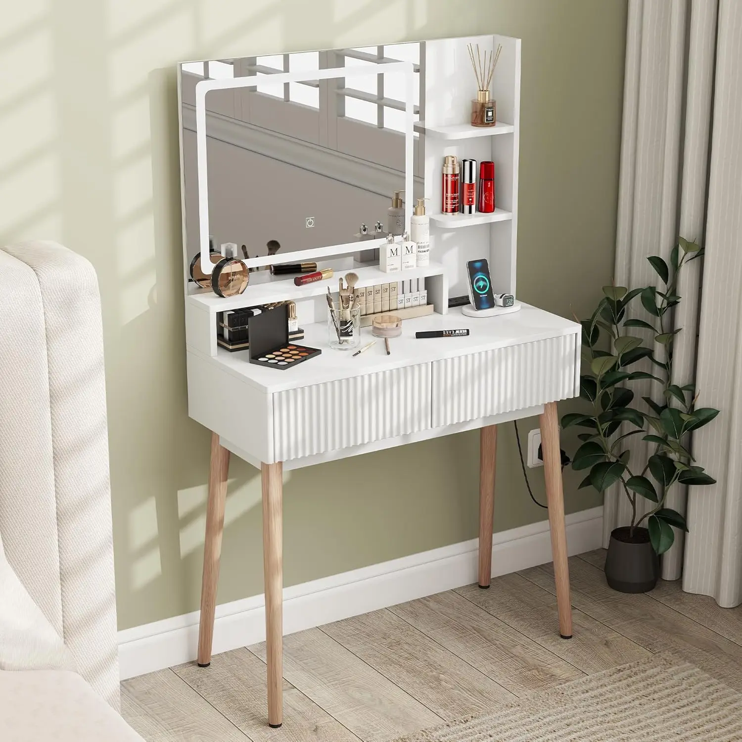 Fluted Vanity Desk LED Mirror 3-Color Wood Legs Makeup Table USB 2 Drawers Storage Bedroom 31.5 Customized
Fluted Vanity Desk LED Mirror 3-Color Wood Legs Makeup Table USB 2 Drawers Storage Bedroom 31.5 Customized