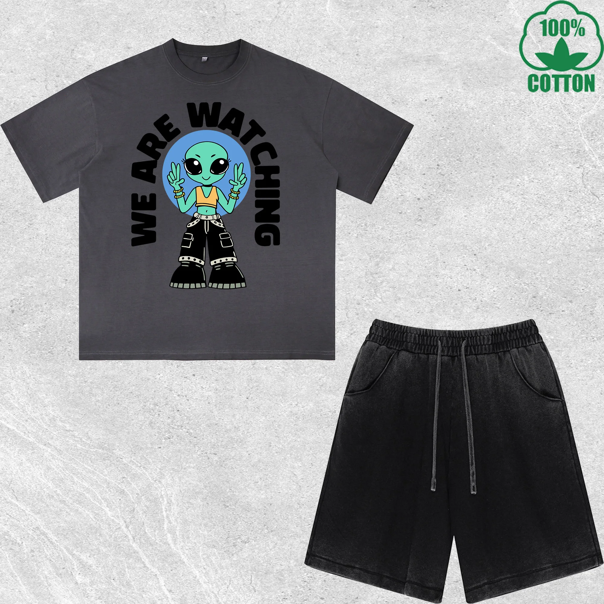 We Are Watching Printed Dirty Wash T-Shirt Shorts Set Multicolor Combo Loose Trendy Fashionable 100%Cotton
We Are Watching Printed Dirty Wash T-Shirt Shorts Set Multicolor Combo Loose Trendy Fashionable 100%Cotton
