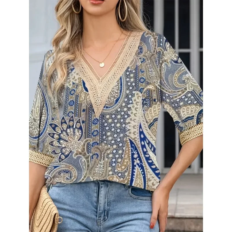 Plus Size Spring and Autumn Season Women's Vintage Lace Print Retro V-neck 3/4 Sleeve Top
Plus Size Spring and Autumn Season Women's Vintage Lace Print Retro V-neck 3/4 Sleeve Top