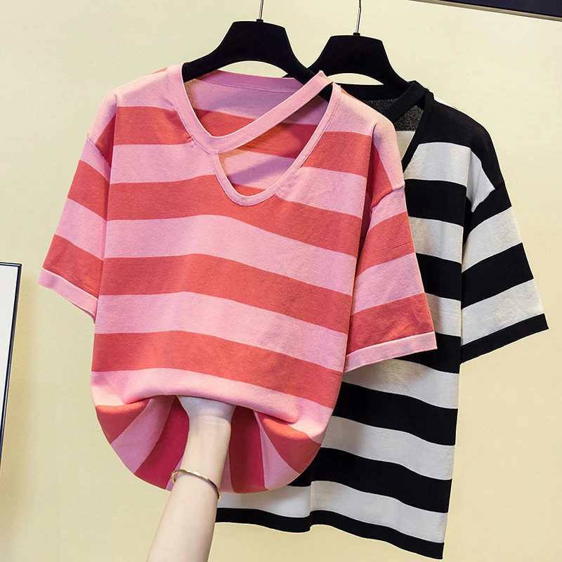Summer Korean Striped Knit Tshirt Sweater Women Ice Silk Stylish Fashion Chic Tops Short Sleeve Casual Ladies Knitwear Pullover
Summer Korean Striped Knit Tshirt Sweater Women Ice Silk Stylish Fashion Chic Tops Short Sleeve Casual Ladies Knitwear Pullover