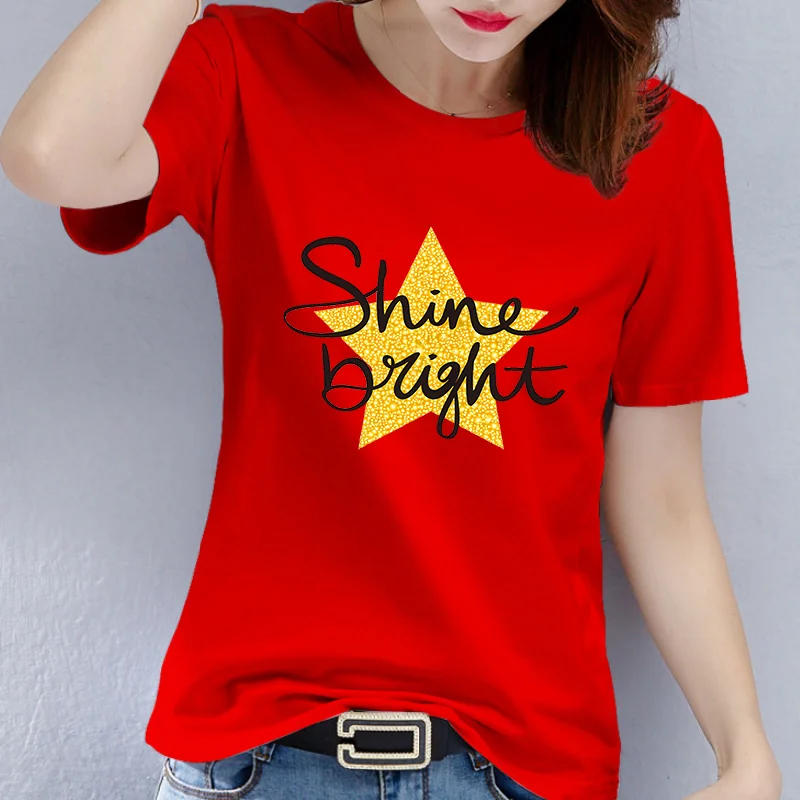 Cotton 100% New T-shirt Women Short Sleeve Design Golden Five-pointed Star Print Top Lovers Tops Graphic T-shirt
Cotton 100% New T-shirt Women Short Sleeve Design Golden Five-pointed Star Print Top Lovers Tops Graphic T-shirt