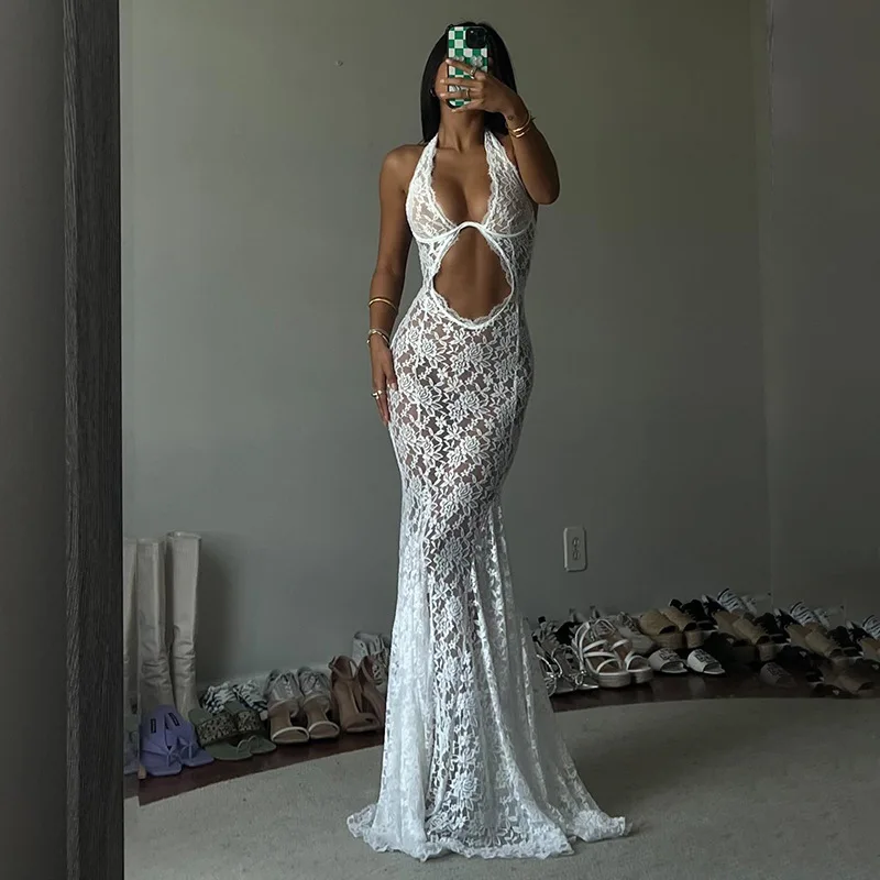 Elsa Women's Long Lace Hollow out Beach Vacation Style Sexy See through Dress High Waist Fish Tail Skirt Sleeveless Neckline
Elsa Women's Long Lace Hollow out Beach Vacation Style Sexy See through Dress High Waist Fish Tail Skirt Sleeveless Neckline