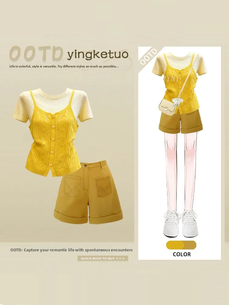 Unique Summer Slim Fit Short Sleeve Two Piece Set Yellow Casual High Waist Shorts T-Shirt And Tank Top Ensemble for Women
Unique Summer Slim Fit Short Sleeve Two Piece Set Yellow Casual High Waist Shorts T-Shirt And Tank Top Ensemble for Women