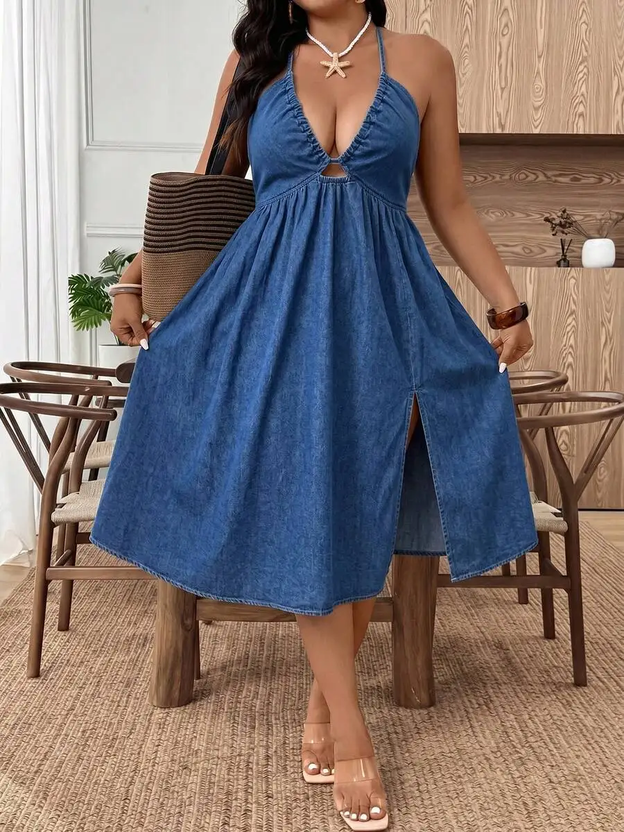 Denim Halter Midi Dress With Keyhole Cutout Empire Waist Side Slit Casual Summer
Denim Halter Midi Dress With Keyhole Cutout Empire Waist Side Slit Casual Summer