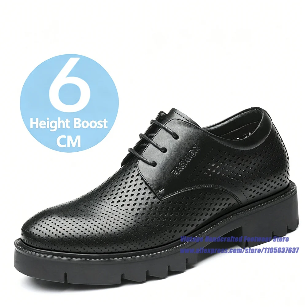 Men's Black Breathable Leather Height Increasing Oxford Shoes Hollow Cutout Lace-Up Round Toe Office Business Formal Dress Shoes
Men's Black Breathable Leather Height Increasing Oxford Shoes Hollow Cutout Lace-Up Round Toe Office Business Formal Dress Shoes