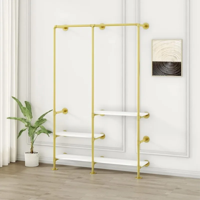 Gold Clothing Rack with 3-Tier Shelves, Multi-Purpose Heavy Duty Industrial Pipe Clothes Rack, Wall Mounted Garment Hanging Rods
Gold Clothing Rack with 3-Tier Shelves, Multi-Purpose Heavy Duty Industrial Pipe Clothes Rack, Wall Mounted Garment Hanging Rods