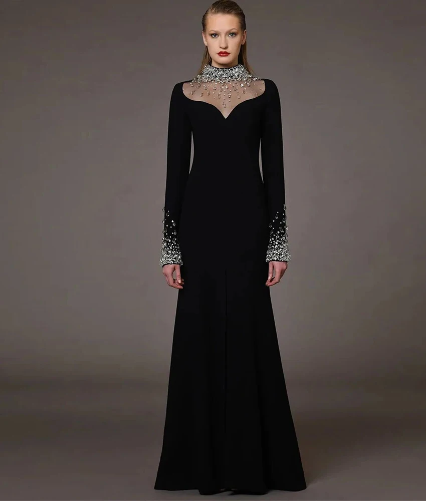 Customized Exquisite Jersey Mermaid Crystal Evening Dress Temperament High Collar Long Sleeves Floor Length Celebrity Gowns
Customized Exquisite Jersey Mermaid Crystal Evening Dress Temperament High Collar Long Sleeves Floor Length Celebrity Gowns