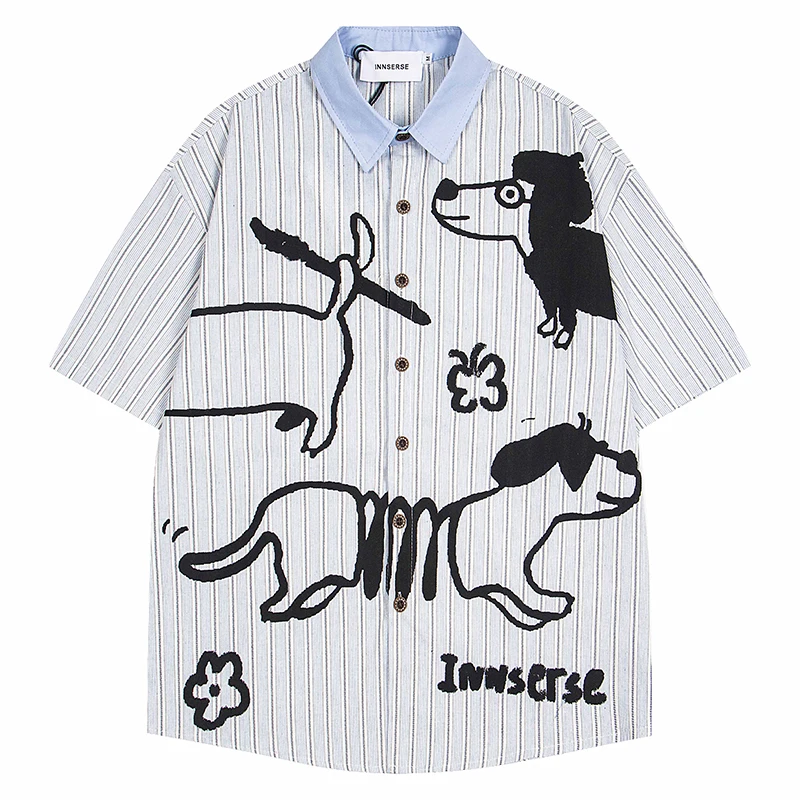 Mens Cartoon Dog Print Shirt Striped Short Sleeve Loose Fit Button Down Top with Contrast Collar Harajuku Style Streetwear 2025
Mens Cartoon Dog Print Shirt Striped Short Sleeve Loose Fit Button Down Top with Contrast Collar Harajuku Style Streetwear 2025