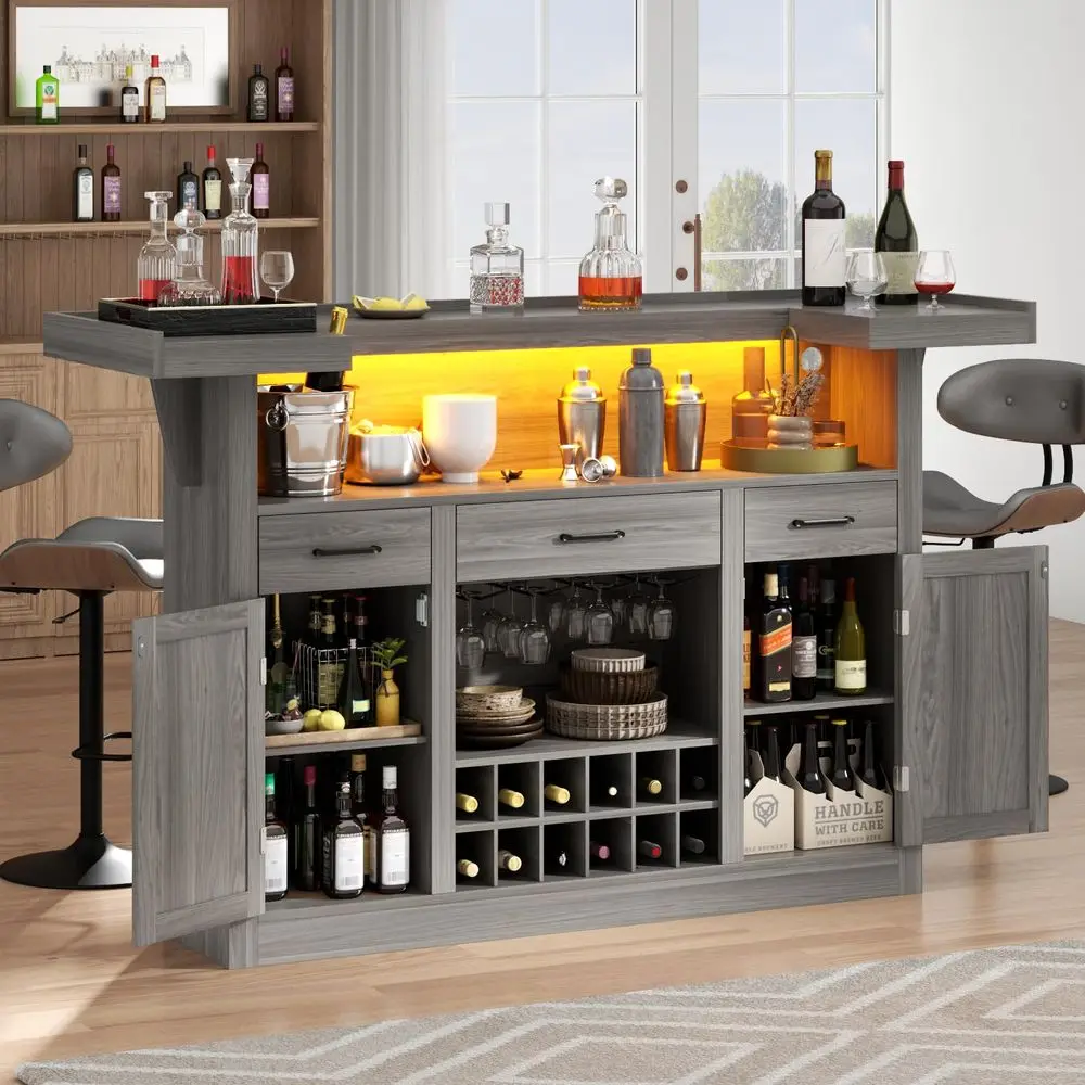 Bar Table Cabinet with LED amp 3 Drawers,Liquor Bar with Adjustable Storage Shelves amp Stemware Holders,Crescent Shaped Counte
Bar Table Cabinet with LED amp 3 Drawers,Liquor Bar with Adjustable Storage Shelves amp Stemware Holders,Crescent Shaped Counte