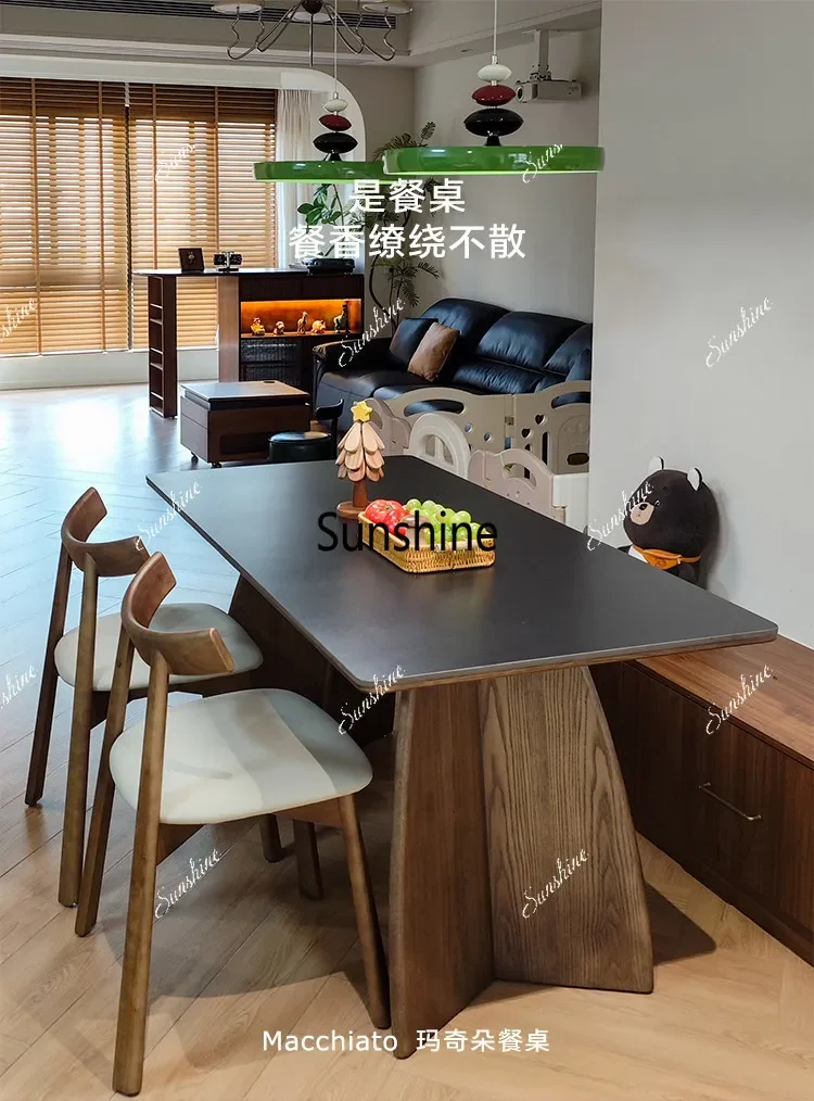 YMedieval solid wood rectangular high-end black rock slab dining table
