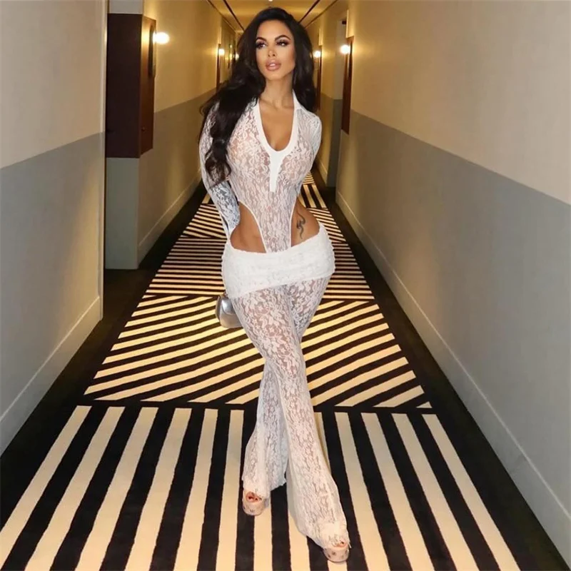 Сексуальный кружевной прозрачный женский комплект из двух предметов на день рождения, фестивальный боди Rave Club с длинными рукавами, топ и расклешенные брюки, одинаковые комплекты 
Сексуальный кружевной прозрачный женский комплект из двух предметов на день рождения, фестивальный боди Rave Club с длинными рукавами, топ и расклешенные брюки, одинаковые комплекты