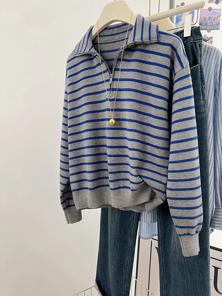 Autumn And Winter Striped Sweater Women's Loose Lapel Knitwear Lazy Style Pulover Zipper Sweaters Fashion Casual Tops
Autumn And Winter Striped Sweater Women's Loose Lapel Knitwear Lazy Style Pulover Zipper Sweaters Fashion Casual Tops