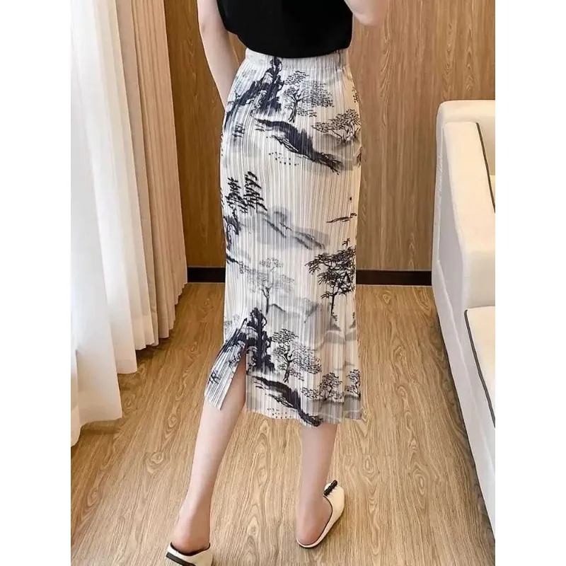 Women's Ink Wash Print Pleated Midi Skirt High Waist Side Slit Casual A-line Skirt
Women's Ink Wash Print Pleated Midi Skirt High Waist Side Slit Casual A-line Skirt