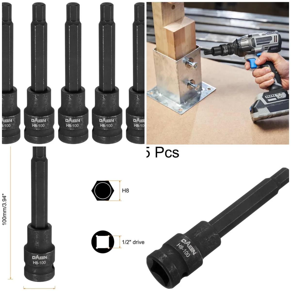 5 шт. H8 шестигранная головка 1/2 дюйма с квадратным приводом, 100 мм, черный набор ударных бит из стали S2
5 шт. H8 шестигранная головка 1/2 дюйма с квадратным приводом, 100 мм, черный набор ударных бит из стали S2