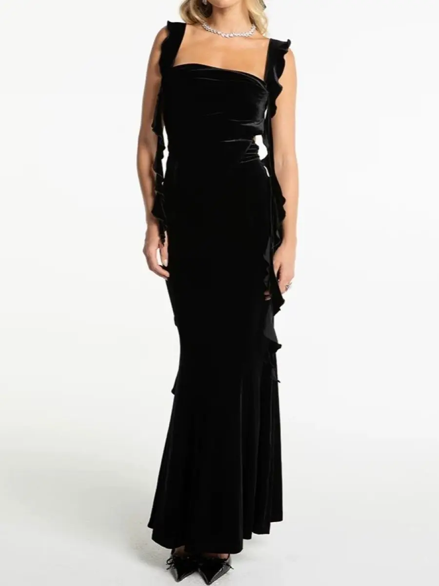 Ruffles Ribbon Women's Black Velvet Robe Backless Sleeveless Folded Waist Elegant Ladies Maxi Dress
Ruffles Ribbon Women's Black Velvet Robe Backless Sleeveless Folded Waist Elegant Ladies Maxi Dress