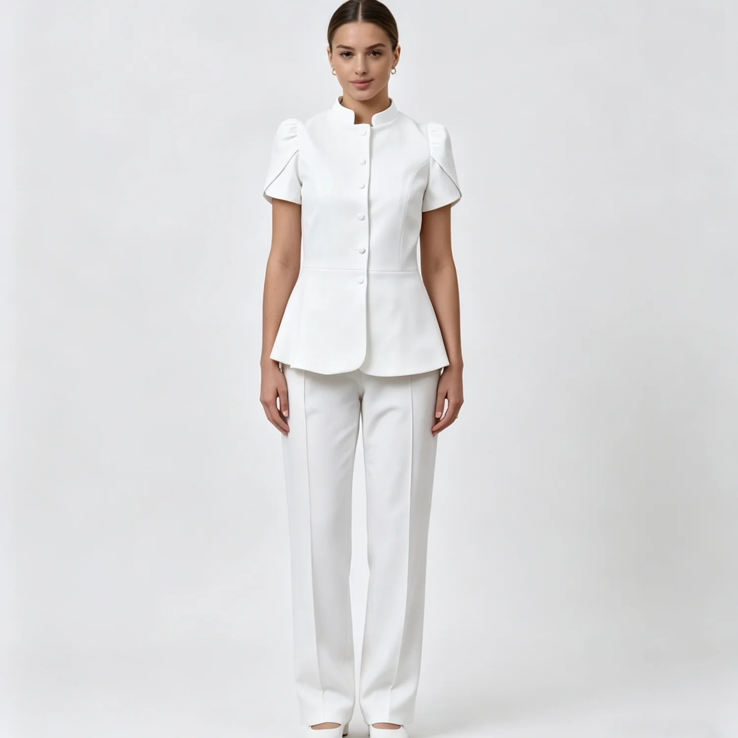 LIMO Stand Collar Peplum Blouse Puff Short Sleeve Button Front Office Top
LIMO Stand Collar Peplum Blouse Puff Short Sleeve Button Front Office Top