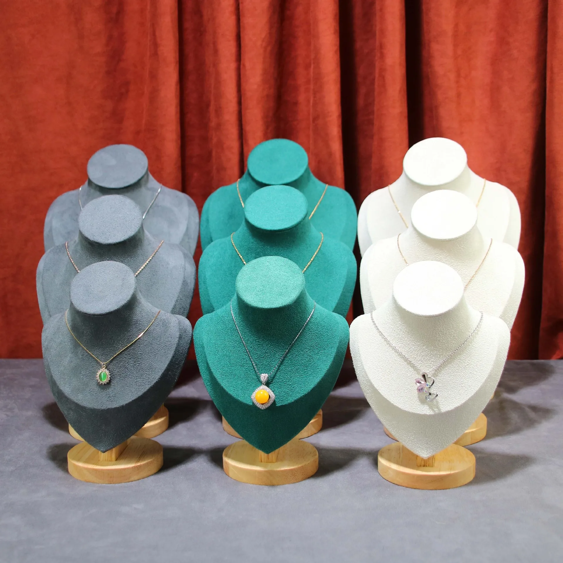Velvet Mannequin Bust Jewelry Display Stand Wood Base Necklace Pendant Holder Rack Organizer For Window Necklace Showing 3 Size
Velvet Mannequin Bust Jewelry Display Stand Wood Base Necklace Pendant Holder Rack Organizer For Window Necklace Showing 3 Size