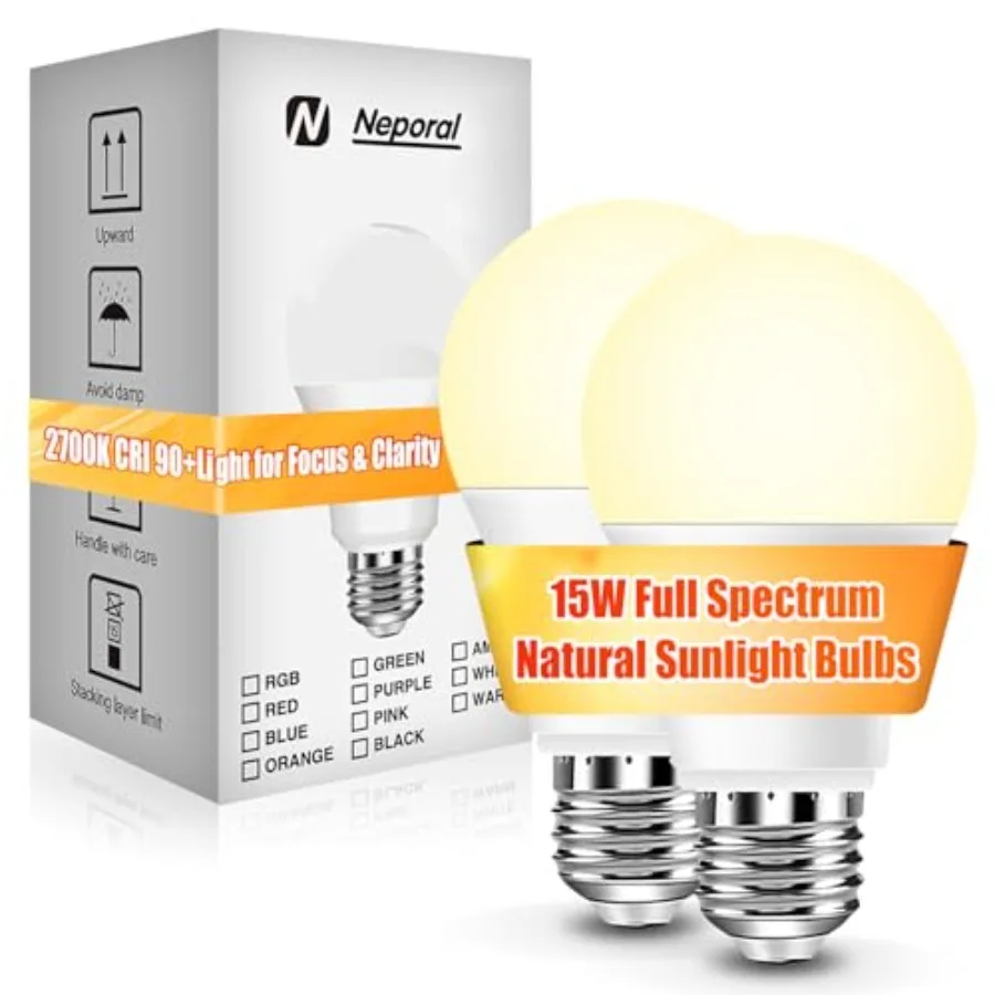 15W Full Spectrum Light Bulb, 2700K Warm UV-Free Natural Sunlight Bulbs, 15W 100W Equivalent LED Light Bulb, CRI 90+, No Flicke
15W Full Spectrum Light Bulb, 2700K Warm UV-Free Natural Sunlight Bulbs, 15W 100W Equivalent LED Light Bulb, CRI 90+, No Flicke
