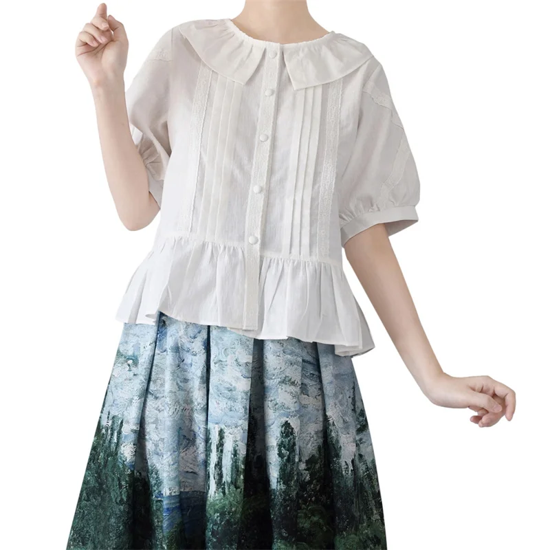Lolita White Blouse Women Ruffle Peter Pan Collar Puff Short Sleeve Lace Button Up Shirts Vintage Sweet Summer Cute Tops Black
Lolita White Blouse Women Ruffle Peter Pan Collar Puff Short Sleeve Lace Button Up Shirts Vintage Sweet Summer Cute Tops Black