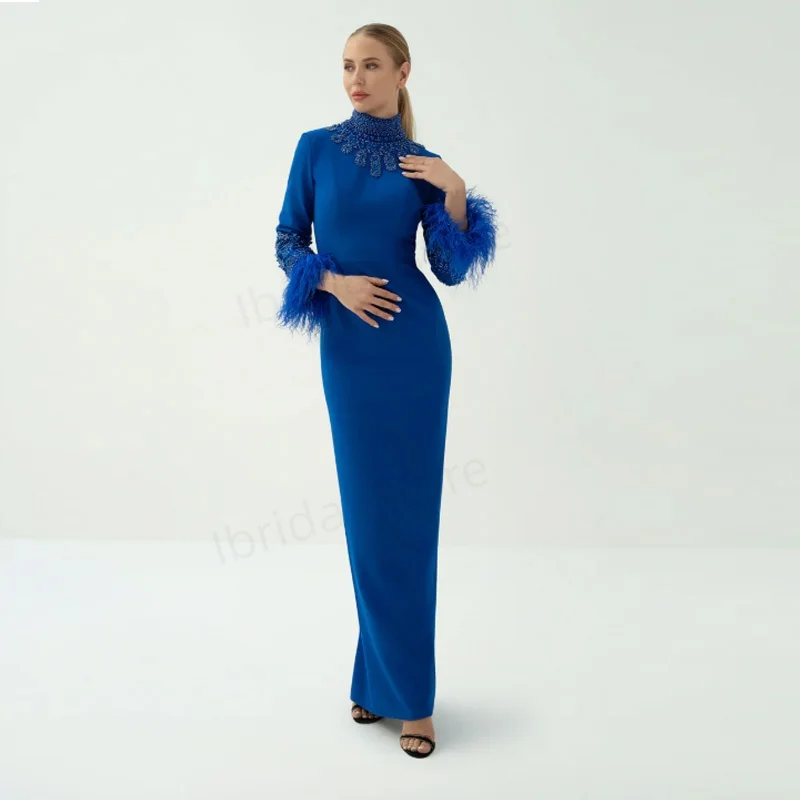 Customized Royal Blue Prom Dress With Feathers High Neck Long Sleeves Beading Crystal Mermaid Evening Gown Wedding Party Dress
Customized Royal Blue Prom Dress With Feathers High Neck Long Sleeves Beading Crystal Mermaid Evening Gown Wedding Party Dress