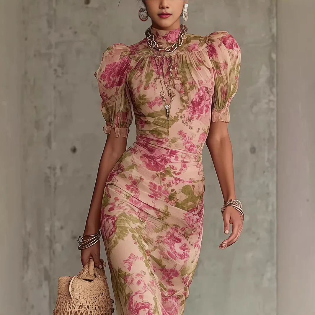 Dress Women Spring Summer French Puff Sleeve Print Pleated Slim Maxi Long Dress Dresses
Dress Women Spring Summer French Puff Sleeve Print Pleated Slim Maxi Long Dress Dresses