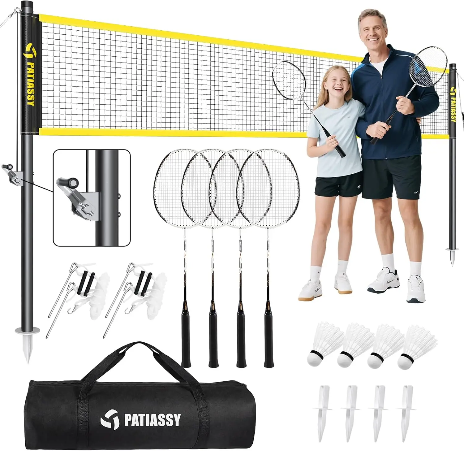 Carbon Fiber Badminton Set of 4 Rackets, Portable Net with Anti-Sag Winch System, 4 Nylon Shuttlecocks & Bag
Carbon Fiber Badminton Set of 4 Rackets, Portable Net with Anti-Sag Winch System, 4 Nylon Shuttlecocks & Bag
