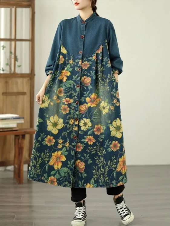 Джинсовое пальто в стиле ретро с принтом в стиле пэчворк, женское пальто выше колена большого размера, свободное повседневное длинное пальто с воротником-стойкой на пуговицах
Джинсовое пальто в стиле ретро с принтом в стиле пэчворк, женское пальто выше колена большого размера, свободное повседневное длинное пальто с воротником-стойкой на пуговицах